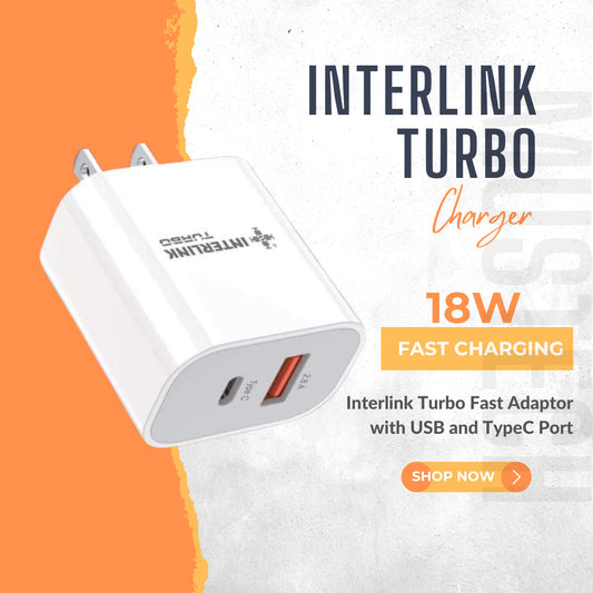 Interlink 18W Turbo Charger - Fast charger - Mobile Charger - Android/Iphone charger - type c charger - 2 ports charger